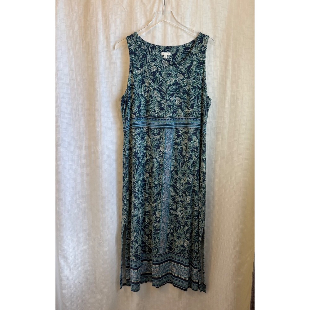 J. Jill Blue Green Palm Print Sleeveless Waist Seamed Maxi Dress Petite Large PL